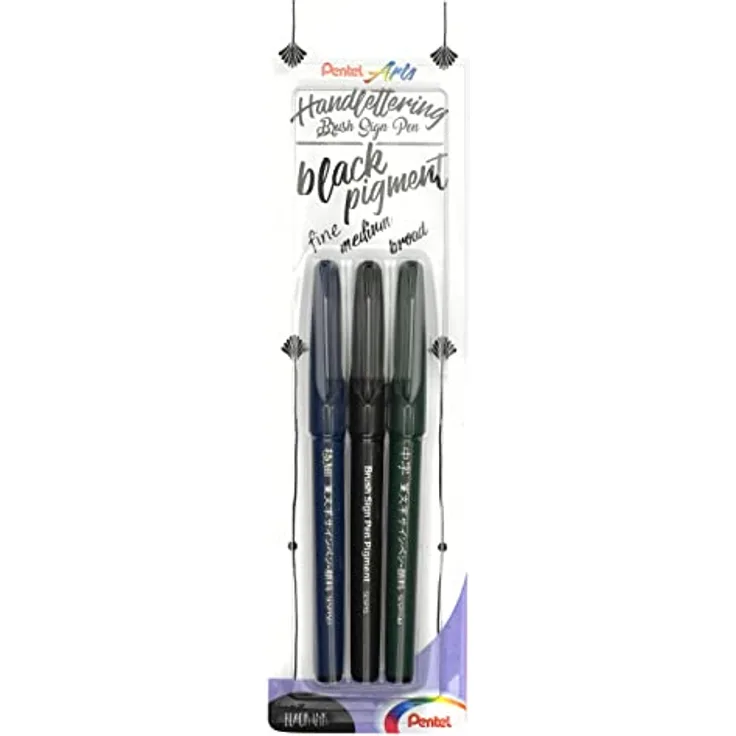 Pentel XSESP15/3 Brush Sign Pen Pigment Black Ink Edition Kalligraphiestift mit flexibler Pinselspitze, Blisterkarte mit 3 Strichstärken, pigmentierte Tinte, Schreibfarbe schwarz