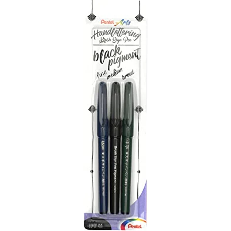 Pentel XSESP15/3 Brush Sign Pen Pigment Black Ink Edition Kalligraphiestift mit flexibler Pinselspitze, Blisterkarte mit 3 Strichstärken, pigmentierte Tinte, Schreibfarbe schwarz – Bild 1