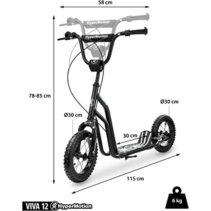 HyperMotion Roller Viva 12, Tretroller für 12 bis 50 kg mit massivem Stahlrahmen, höhenverstellbar 78-85 cm, 30 cm aufblasbare Räder, schwarz – Bild 3