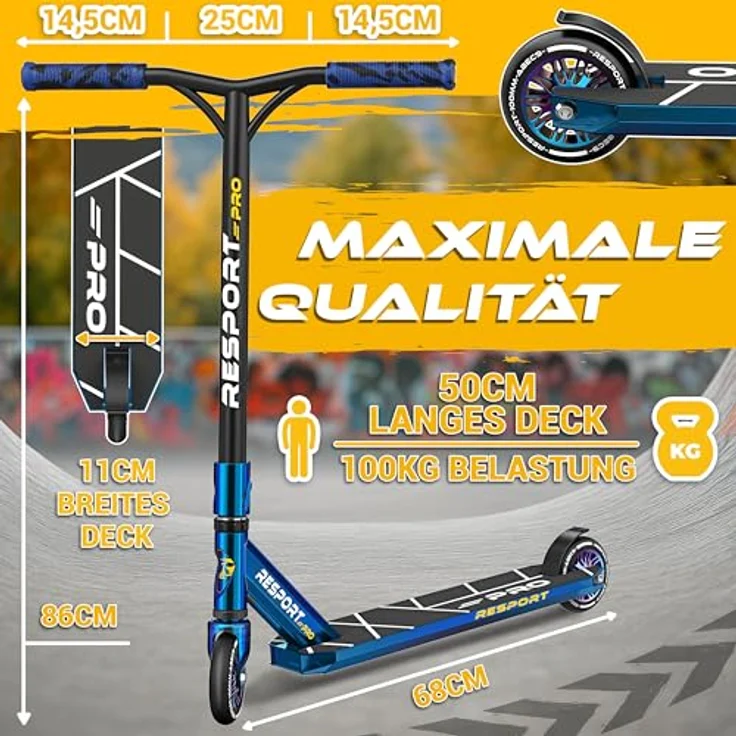 RE:SPORT Revo Pro Stunt Scooter, Profi Stuntroller mit ABEC 9 Kugellagern, 110mm PU Wheels, Y-Bar und Ständer für Kinder & Erwachsene – Bild 7