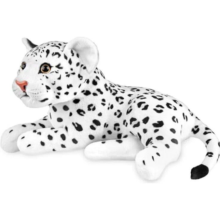 BRUBAKER Leopard Kuscheltier - 30 cm Stofftier - Baby Plüschtier Raubkatze Liegend - Kinder Plüsch Spielzeug - Weiß – Bild 2