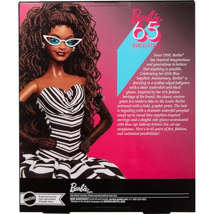 Barbie 65. Anniversary HRM59, Anziehpuppe im schwarz-weiß gestreiften Ballkleid mit saphirblauen Akzenten, inkl. Puppenständer und Echtheitszertifikat – Bild 7