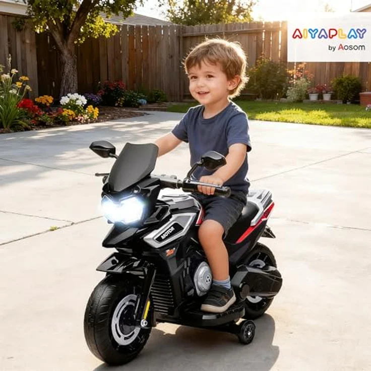 AIYAPLAY Elektro Motorrad Kinder, 6V Kindermotorrad mit 2 Hilfsrädern, Soft-Start, Beleuchtung, Musik, bis zu 2,4 km/h, schwarz – Bild 2