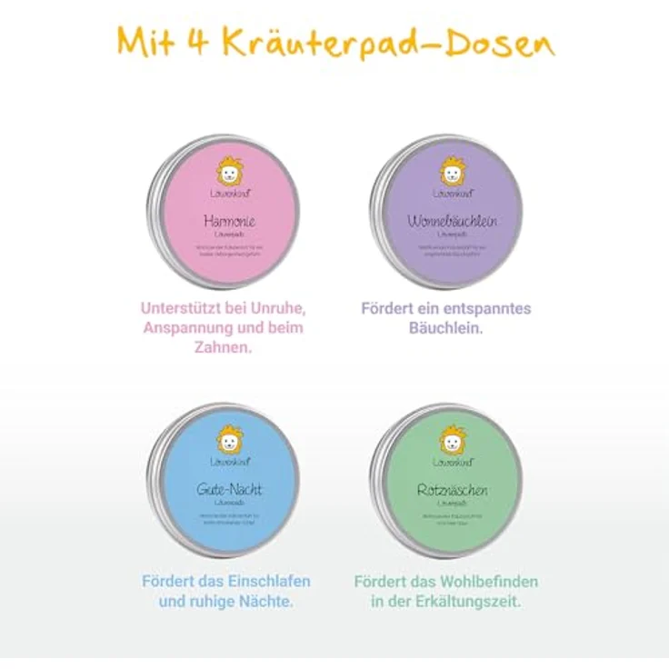Löwenkind Baby Startklar-Set, 4x5 natürliche Kräuterpads für Erkältungszeit, Zahnen, Schlafprobleme und Bauchbeschwerden, Musselin-Halstuch aus 100% Bio-Baumwolle (Altrosa) – Bild 2