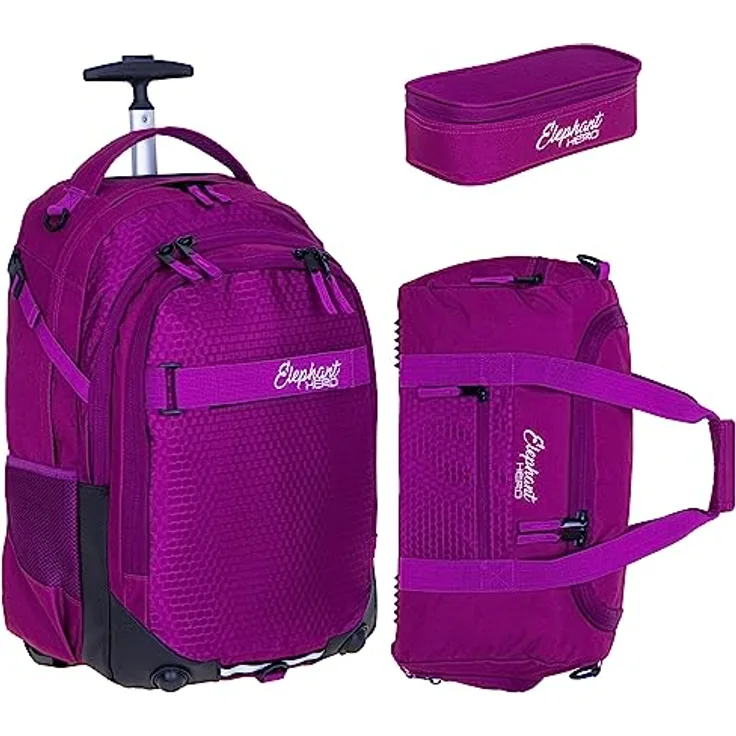 Elephant 3 Teile Set Trolley Hero Signature Schultrolley Schulranzen Trolly Sporttasche Mäppchen 12800 (Wild Berry Violett) - Umfangreicher Schulranzen mit 35L Stauraum und Alu Ausziehgriff