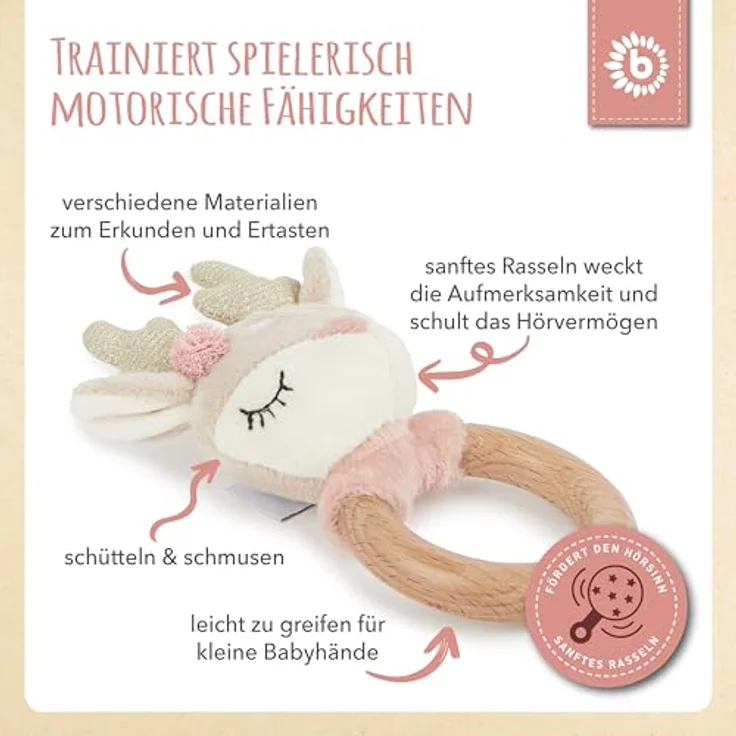 Bieco Plüschgreifling Reh mit Rassel 14 x 9 cm beige/ rosa – Bild 5