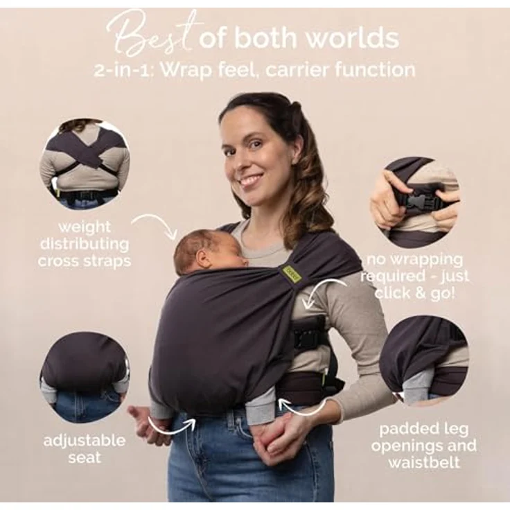 Boba Pre-Wrapped Baby Wrap Carrier, 2-in-1 Tragehilfe mit Buckle, leicht und atmungsaktiv für Neugeborene bis 35lb, Charcoal – Bild 3
