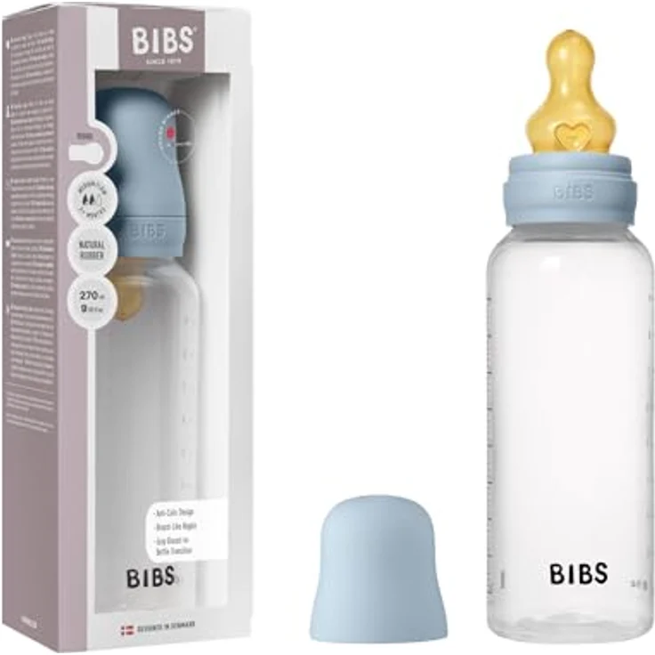 BIBS Babyflasche 270 ml, Sauger aus Naturkautschuk, Anti-Kolik, BPA-frei, mittlerer Fluss, Baby Blue – Bild 1
