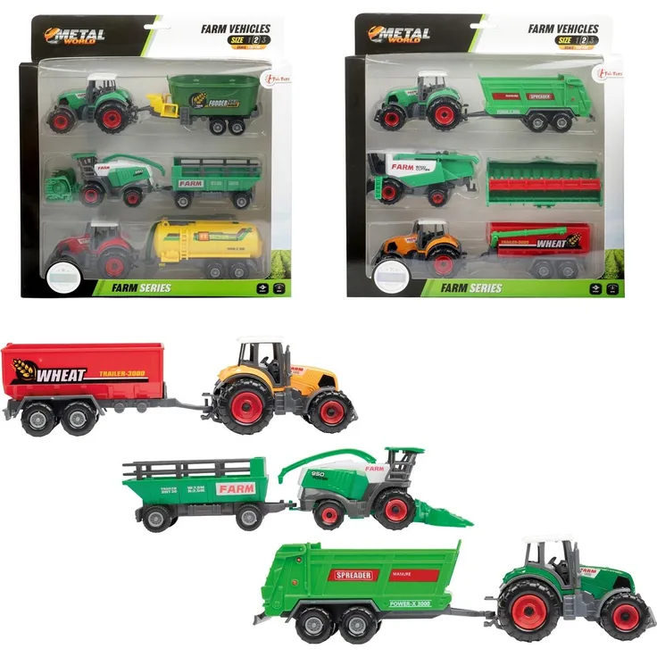 Toi-Toys Metalltraktor Spielset mit 3 Traktoren und 3 Anhängern, geeignet für Kinder ab 3 Jahren