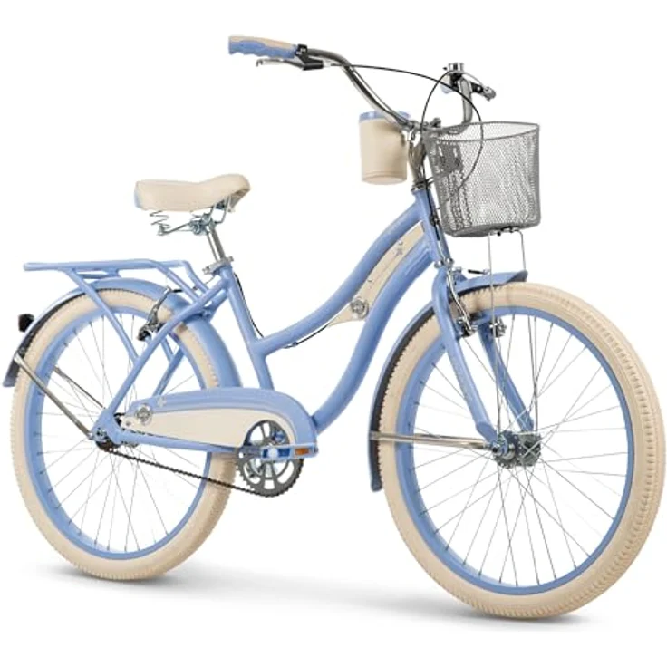 Huffy Deluxe Cruiser 24-Zoll Jugendfahrrad, blauer Stahlrahmen mit Lenkerkorb und Getränkehalter – Bild 1