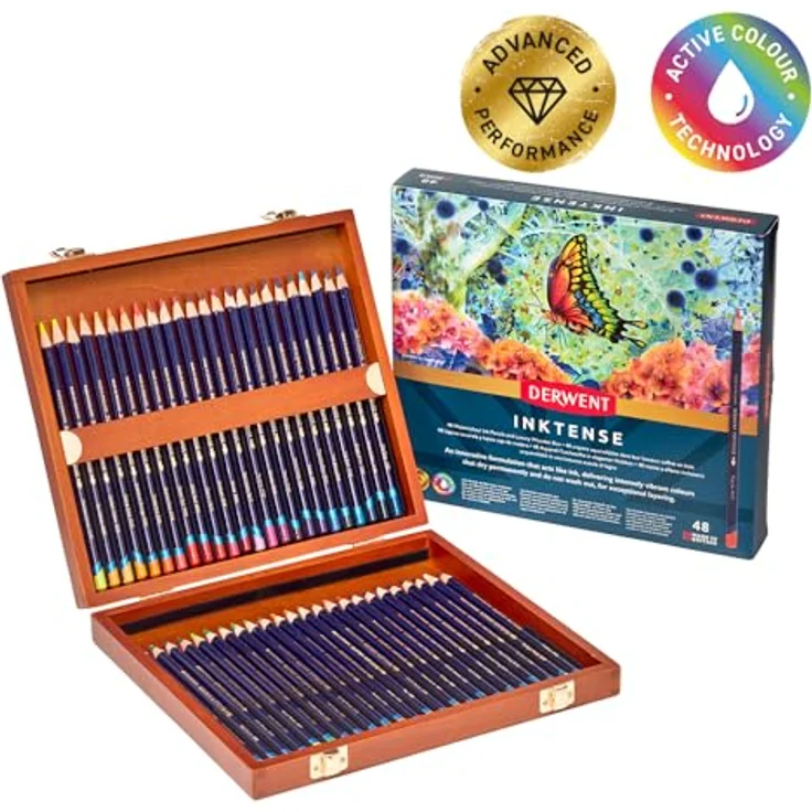 Derwent Inktense Aquarellstifte, 48er Set in Holzbox, wasserlöslich, 4 mm Premium-Kernstärke, für Malen und Basteln, professionelle Qualität – Bild 4