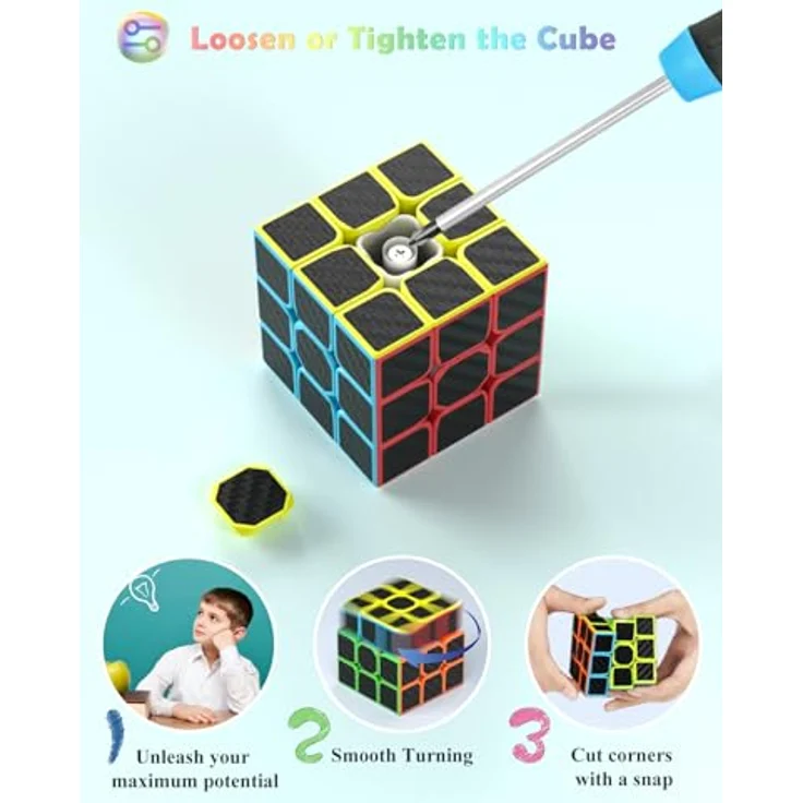 ROXENDA Zauberwürfel Set, Speed Cube Set mit 2x2 3x3 Pyramide Zauberwürfel, Einfaches Drehen und Glatt Spielen, Kohlefaser Version – Bild 5