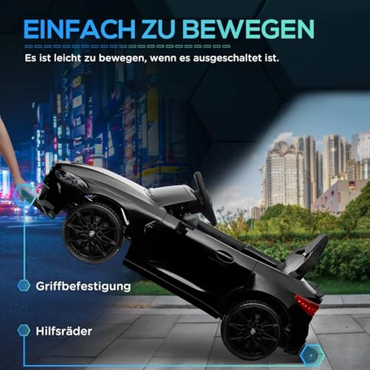 AIYAPLAY Elektro-Kinderauto 12V mit 2,4G-Fernbedienung, MP3, USB, LED-Lichte, Hupe, 25 kg Belastbarkeit, Schwarz – Bild 4