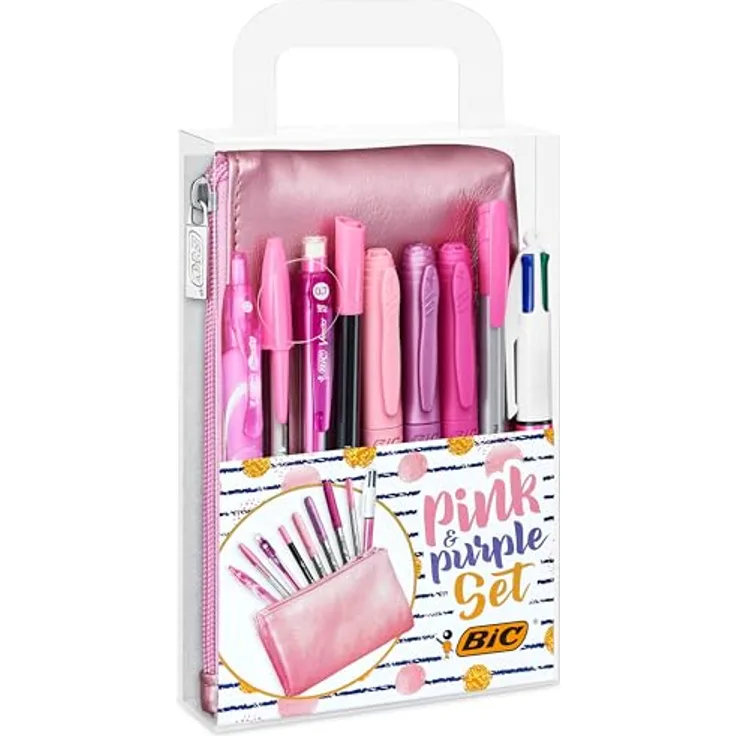 BIC Pink & Purple Stifte Set: Kugelschreiber, Fineliner, Bleistifte, Tintenroller & Permanent Marker, Metallic-Rosa Etui