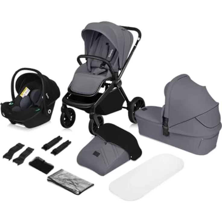 Lionelo LIONELO MIKA PLUS 3-in-1 Buggy, Babywagen, Kindersitz, Babytrage, verstellbare Rückenlehne, Dämpfung, 360° Räder, XXL-Verdeck - Schwarz