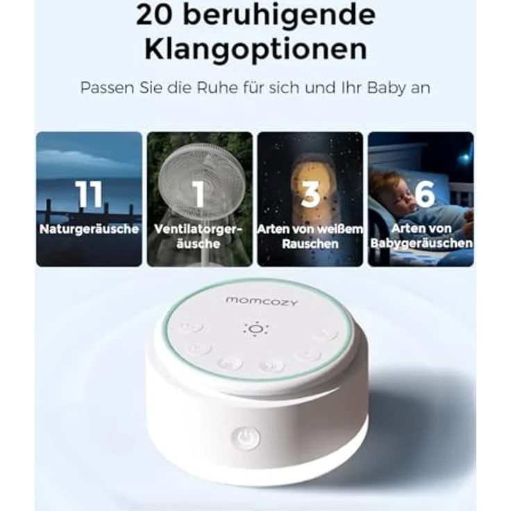 Momcozy Sound Machine für Babys, tragbares weißes Rauschen mit 20 Klängen, Touch-Licht, Schlaf-Timer und Speicherfunktion, perfekt für unterwegs und das Kinderzimmer – Bild 3