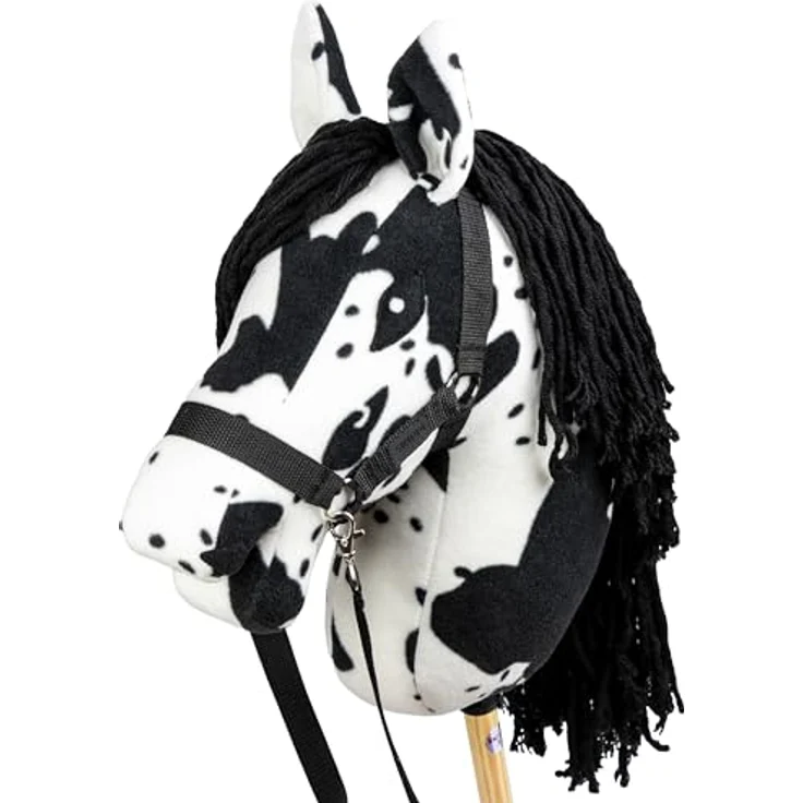 SKIPPI Hobby Horse Rappschecke A3, Steckenpferd mit Halfter und Zügeln, weißes Pferd mit schwarzen Flecken – Bild 1