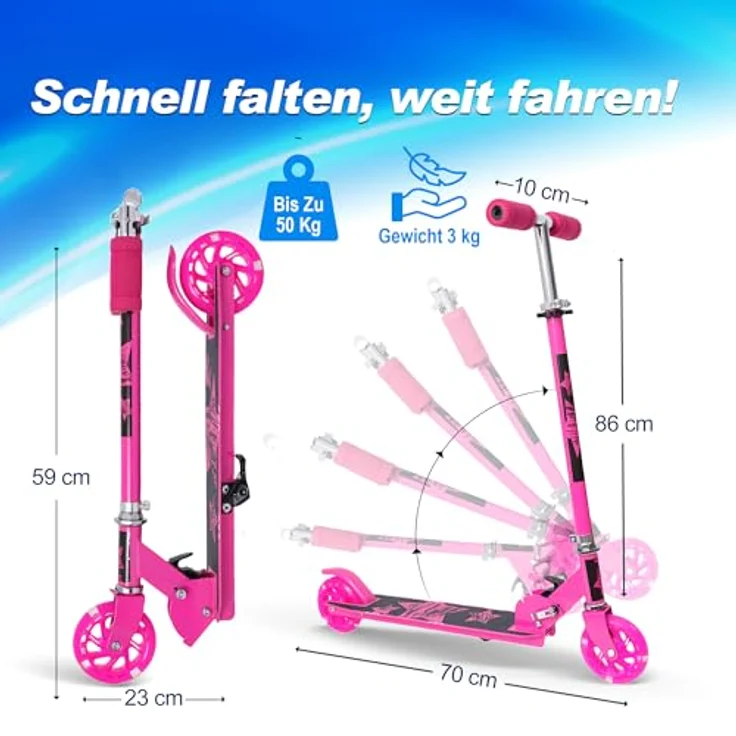 Europebazar Habib Kinderroller mit LED Rädern, klappbar und 4-fach verstellbar für Kinder von 3 bis 10 Jahren, Pink – Bild 3