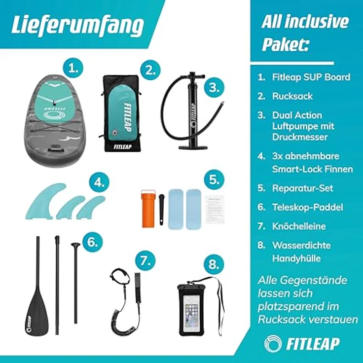 Fitleap Premium Stand Up Paddle Board aufblasbar, SUP Set mit Hochdruckpumpe, verstellbarem Paddel, Rucksack, ideal für Yoga, Surfen und Wassersport – Bild 5
