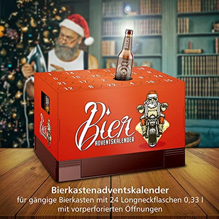 itenga Adventskalender Aufsatz für Bierkasten Männer Adventskalender zum Selber Befüllen Bieradventskalender rot mit Nikolaus auf dem Motorrad – Bild 4