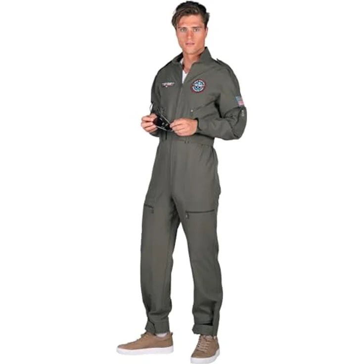 Thetru Herren Kostüm Top Pilot Overall, grüner Karneval Fasching mit authentischen Patches, Gr. XXL – Bild 2