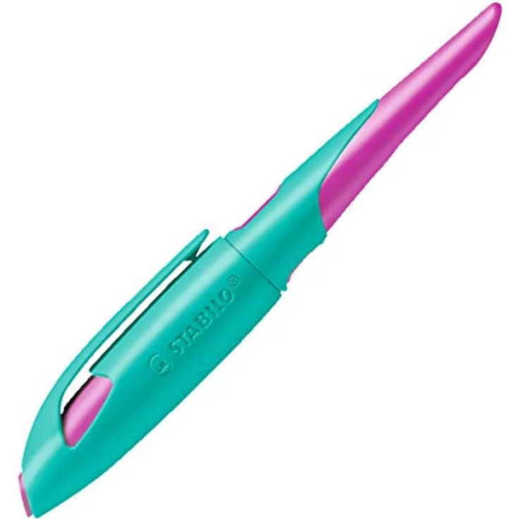 Ergonomischer Schulfüller für Rechtshänder mit Anfänger-Feder A - STABILO EASYbirdy in türkis/neonpink - Einzelstift - inklusive Patrone - Schreibfarbe blau (löschbar) – Bild 1