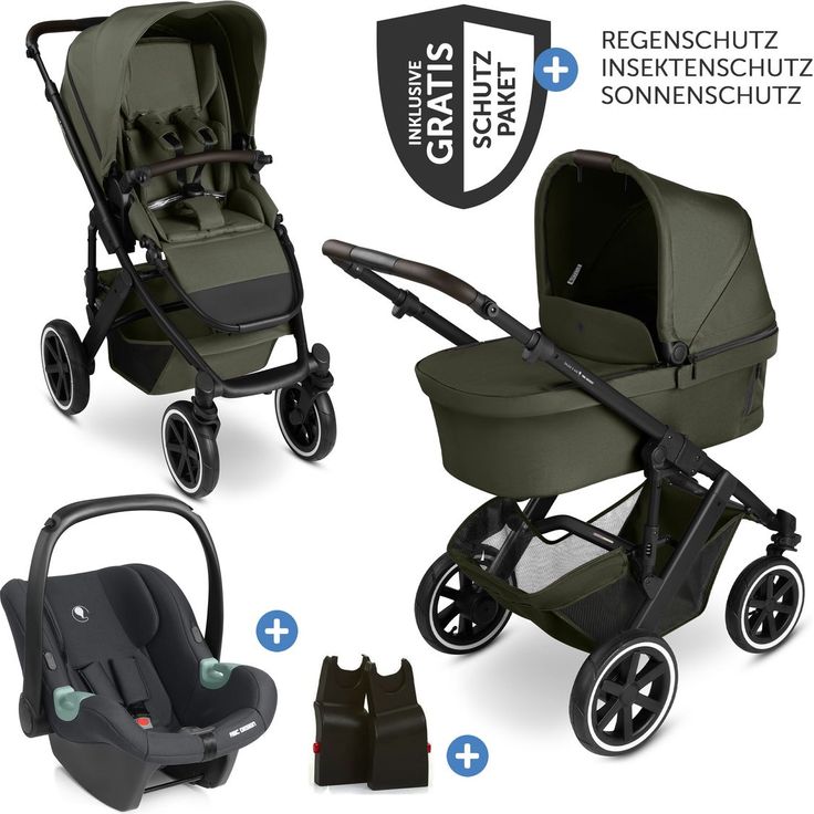 ABC Design 3in1 Kinderwagen-Set Salsa 5 Air, Babywanne, Autositz Tulip Black, Sportsitz, XXL Zubehörpaket - Pure - Avocado, inkl. Mobilitätsgarantie