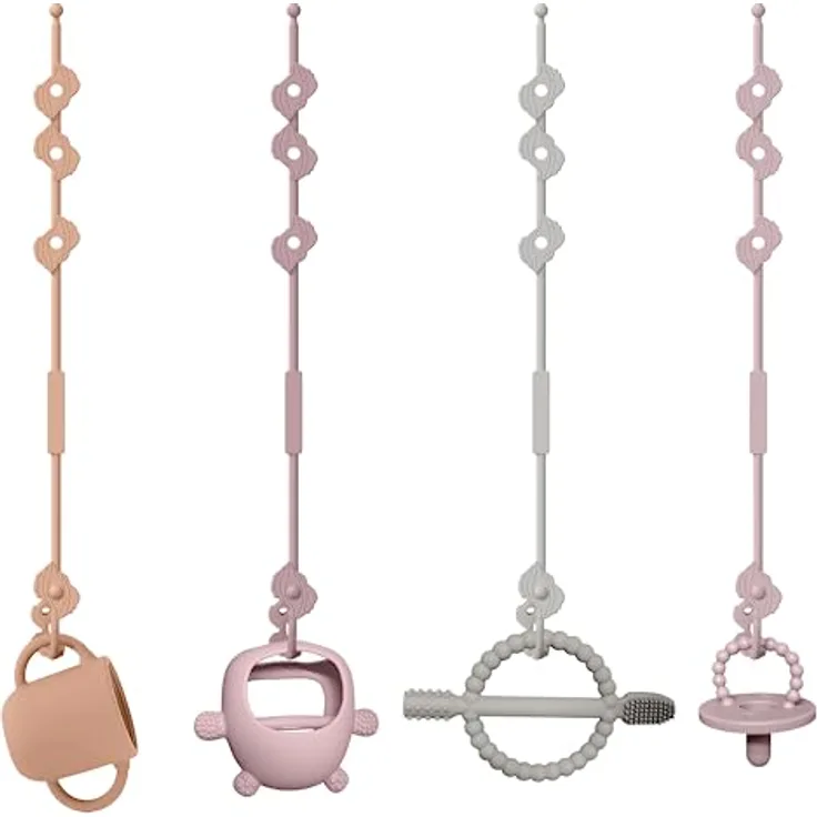 CLDY Schnullerkette Silikon Cup Catcher, BPA-frei mit 4 Sicherheitsgurten für Spielzeug und Trinkbecher, verstellbar und wiederverwendbar