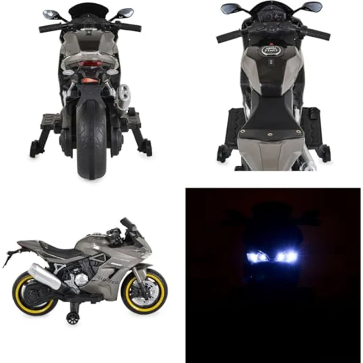 Moni Kinder Elektromotorrad Surfer, mit Stützrädern, Fußstütze, Bluetooth und MP3-Ausgang, grau – Bild 4