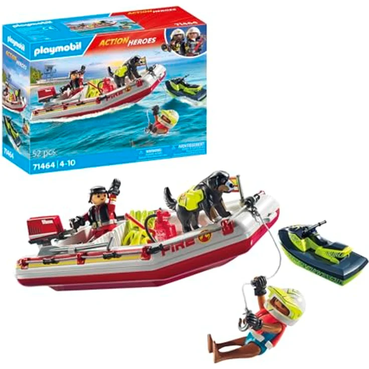 PLAYMOBIL Action Heroes 71464, Feuerwehrboot mit Aqua Scooter, realitätsnahes Spielzeug für Wasserrettungen, inklusive Taucherbrille, Schwimmflossen und Rettungsweste, für Kinder ab 4 Jahren – Bild 1