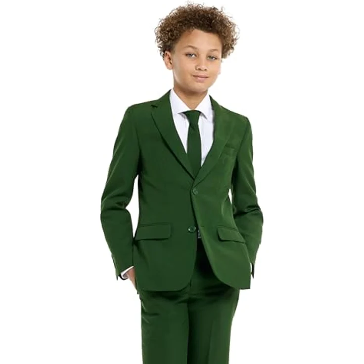 OppoSuits Teen Glorious Green Anzug, Slim-Fit Kostüm mit Ein-Knopf-Sakko und Krawatte, moosgrün, Größe 170 – Bild 2