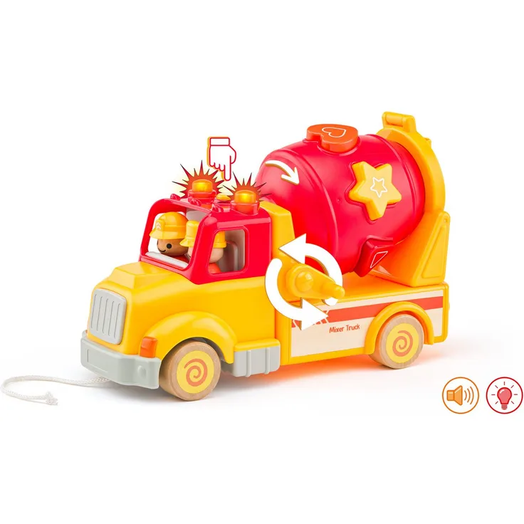 Woodyland Betonmischer 92051, Lernspielzeug mit Sortierspiel, 6 bunten Holzsteinen, Licht und Sound, für Kinder ab 18 Monaten