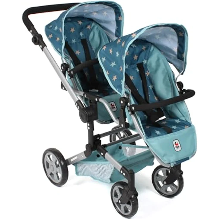 Bayer Chic 2000® Puppenwagen Linus Duo, faltbarer Zwillingspuppenwagen in Sternchen Türkis, verstellbarer Griff 50-82 cm, für Puppen bis 50 cm, geeignet für Kinder von 4-8 Jahren – Bild 1