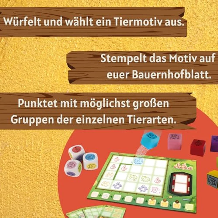 Huch Ei, Ei Stempelei!, Würfel- und Stempelspiel mit sechs farbigen Stempeln für 2-4 Spieler, Deutsch – Bild 3