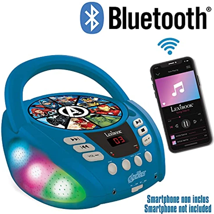 Lexibook RCD109AV Marvel Avengers-Bluetooth-CD-Player für Kinder-Tragbar, Lichteffekte, Mikrofonbuchse, Aux-In, Akku oder Netz, Mädchen, Jungen, Blau/Grau – Bild 4