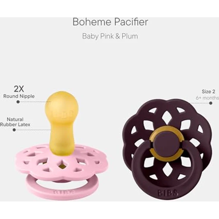 Bibs Boheme Schnuller, 6-18 Monate, 2er-Pack, Baby Pink/Plum, aus natürlichem Kautschuklatex, BPA-frei, EN1400+A2-zertifiziert – Bild 2
