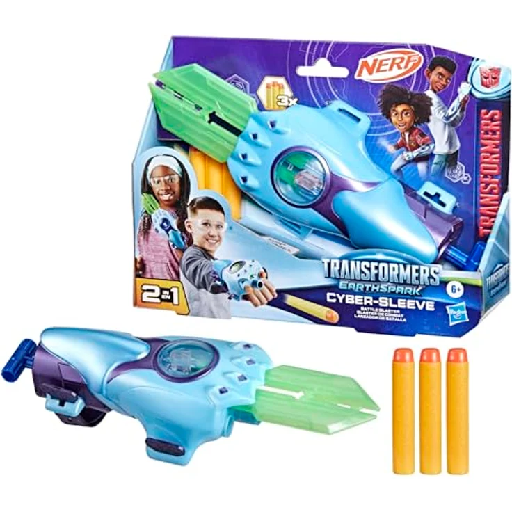 Transformers Nerf EarthSpark Cyber-Sleeve Battle Blaster Spielzeug mit Nerf Dart-Blaster und einziehbarem Cyber-Schwert, Blau – Bild 2