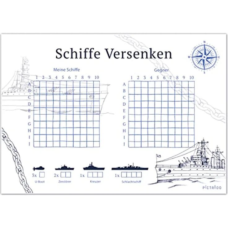 PICTALOO Schiffe Versenken Spielblock Set, 50 Blatt DIN A5, Reisespiel für unterwegs, Familienspiel für Jungen und Mädchen (2X)