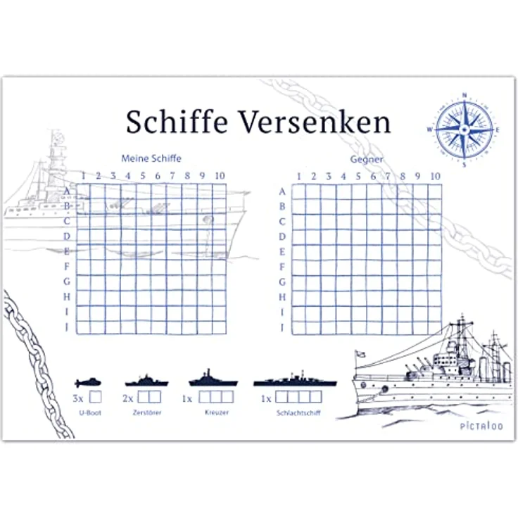 PICTALOO Schiffe Versenken Spielblock Set, 50 Blatt DIN A5, Reisespiel für unterwegs, Familienspiel für Jungen und Mädchen (2X) – Bild 1