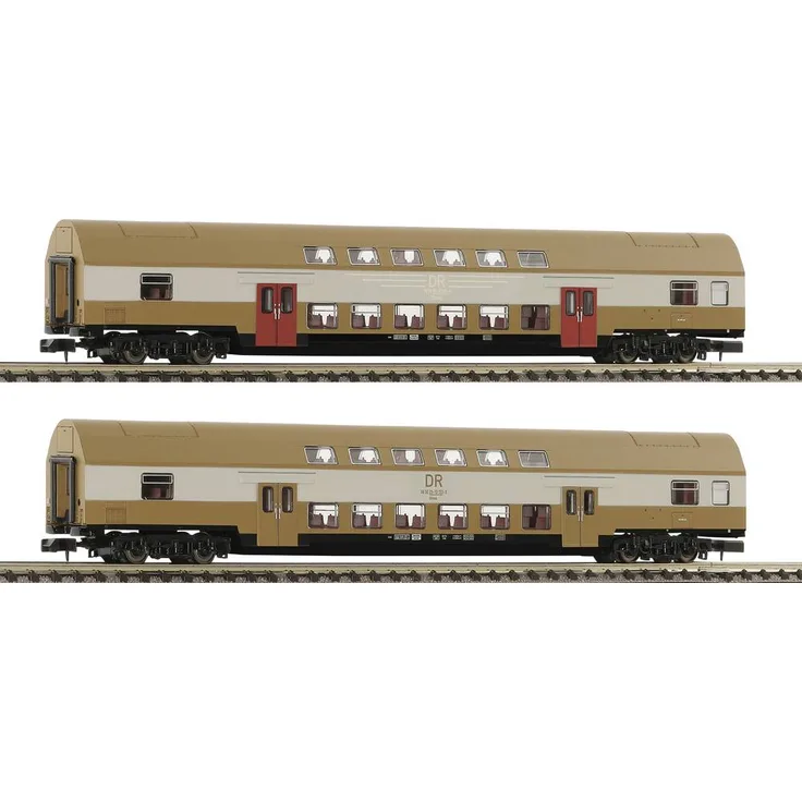 Fleischmann 6260075 N 2er-Set Doppelstockwagen DBmue der DR, Modelleisenbahn-Wagen mit Sitzplätzen, grau