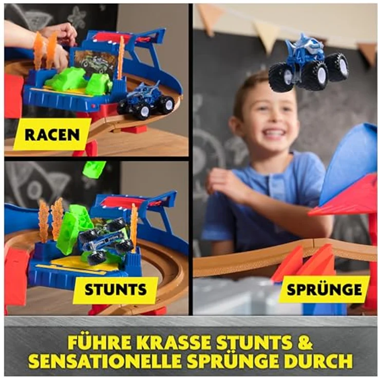 Monster Jam Supercharge Speedway, motorisierte Stunt-Strecke mit Rampen und Beleuchtung, inkl. 2 Trucks Megalodon und EL Toro Loco im Maßstab 1:64, für Kinder ab 3 Jahren – Bild 3
