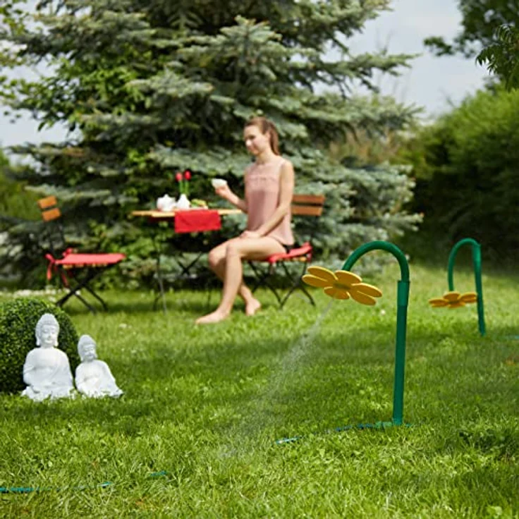 Relaxdays Wasserblume, 2er Set, Wasserspiel für Kinder, verrückte Blume für Garten, Erdspieß, Klickstecker, gelb-grün – Bild 3