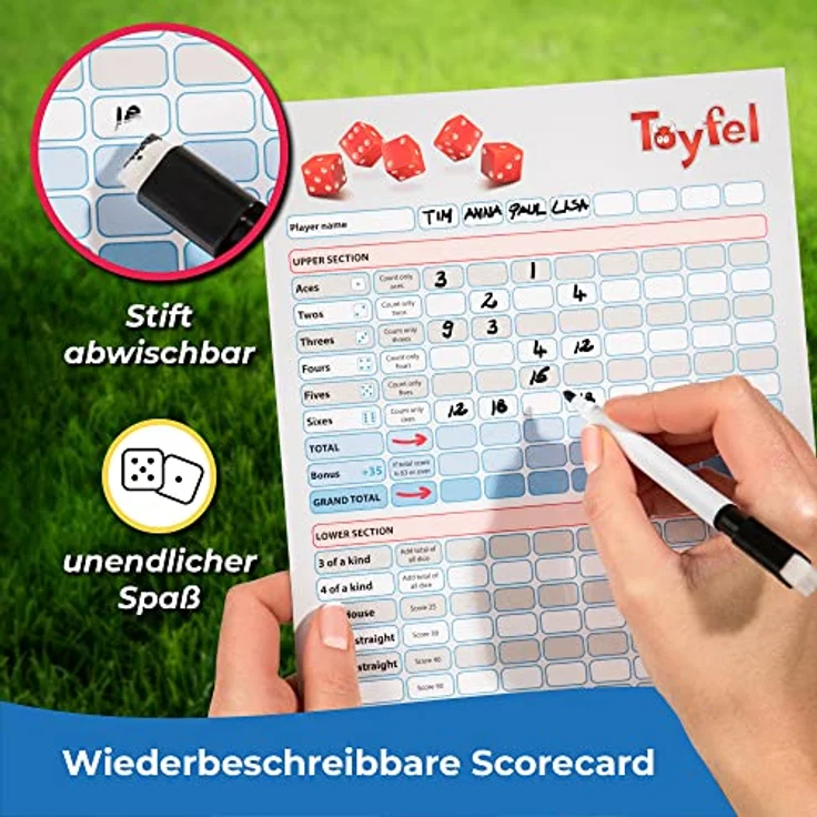 Toyfel XXL Würfelspiel Chuck, Indoor & Outdoor Spiel aus FSC® Kiefernholz mit 6 großen Würfeln (9 cm), klappbarem Falteimer, abwaschbarer Punktetafel & Stift – Bild 5
