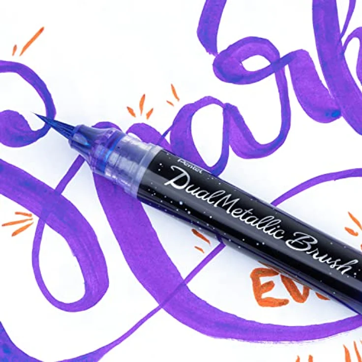 Pentel XGFH-DVX Dual Metallic Brush - Pinselstift gefüllt mit, je nach Papierfarbe, changierender Glitzertinte, Nylonfasern, feiner bis breiter Strich, violett/metallic-blau, 1 Stück auf Blisterkarte – Bild 5