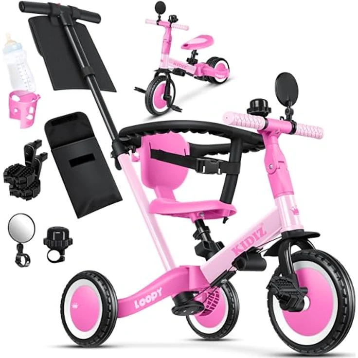 KIDIZ® 6in1 Laufrad Dreirad Rosa | Lauffahrrad Kinder ab 1-5 Jahre | Sicherheitsbügel Sicherheitsgurt Klingel & Spiegel | Wachstumsanpassung & Straßentauglichkeit – Bild 1