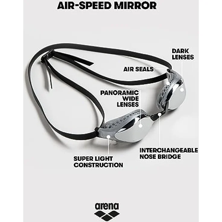 arena Airspeed Mirror Anti Beschlag Unisex Wettkampf Schwimmbrille für Erwachsene, Schwimmbrille mit Breiten Gläsern, UV-Schutz, 3 Austauschbaren Nasenstegen, Air-Seals Dichtungen – Bild 3
