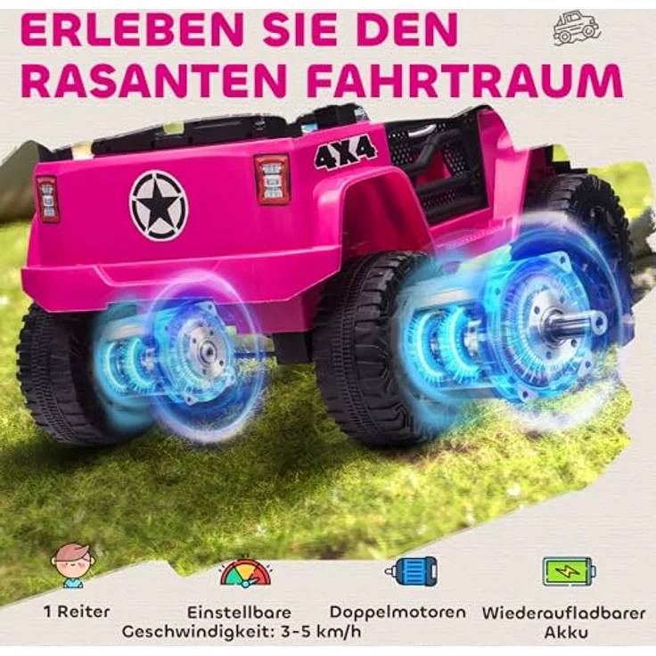 HOMCOM Elektro Kinderauto 12V, 4x4 mit 2x35W Motor, 2,4G Fernbedienung, LED Hupe, Sicherheitsgurt, Stoßdämpfer, rosa, für Kinder von 3-6 Jahren – Bild 3
