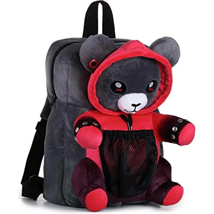 corimori Plüsch-Rucksack für Teenager und Erwachsene, rot schwarz, Ember der Punk Bär