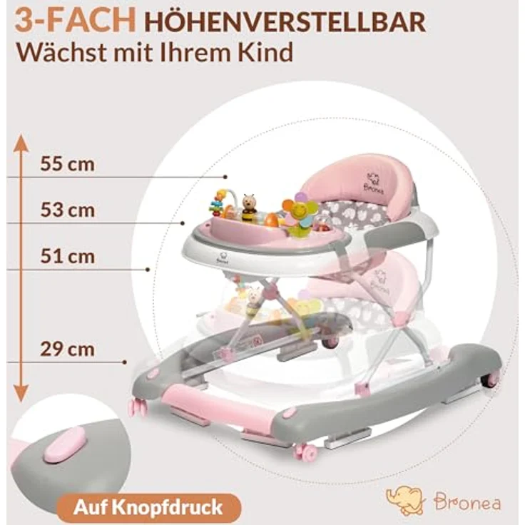 Bronea BRONEA® 4-in-1 Gehfrei Babywalker ab 6 Monate | Lauflernwagen mit Schaukelfunktion und Spielpaneel mit Musik | Höhenverstellbare und Klappbar | Lauflernhilfe mit leisen Rollen und Bremsen – Bild 3