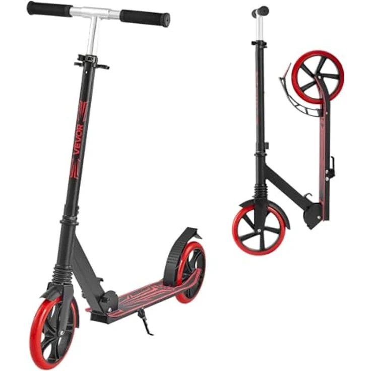 VEVOR Scooter für Kinder ab 8 Jahren, faltbarer Cityroller mit höhenverstellbarem Lenker, rutschfestem Deck und leichten Aluminiumrahmen, bis 100 kg, Schwarz + Rot – Bild 1
